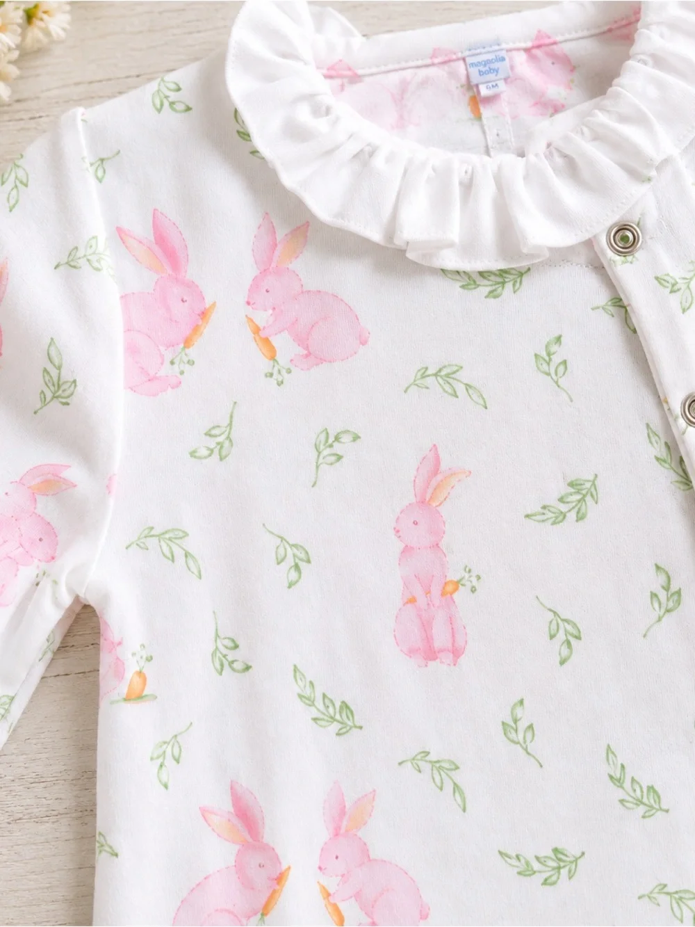 NWT Nellapima Pink Bunny Crossover Footie Pima Cotton 6-9M Ruffle Collar